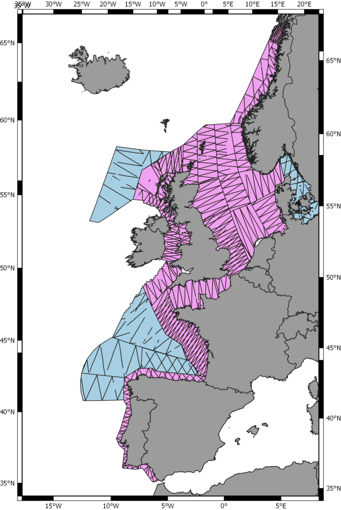 Map of the north-east Atlantic, showing the area covered by aerial survey in pink and the area covered by ship survey in blue. The map covers from Norway and Iceland in the North, to Portugal and Span in the South. 
